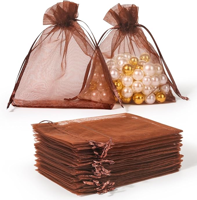Hopttreely 100PCS Sheer Organza Bags, 4x4.72 Brown Satin Drawstring Organza Jewelry Pouch Wedding Party Favor Gift Bag