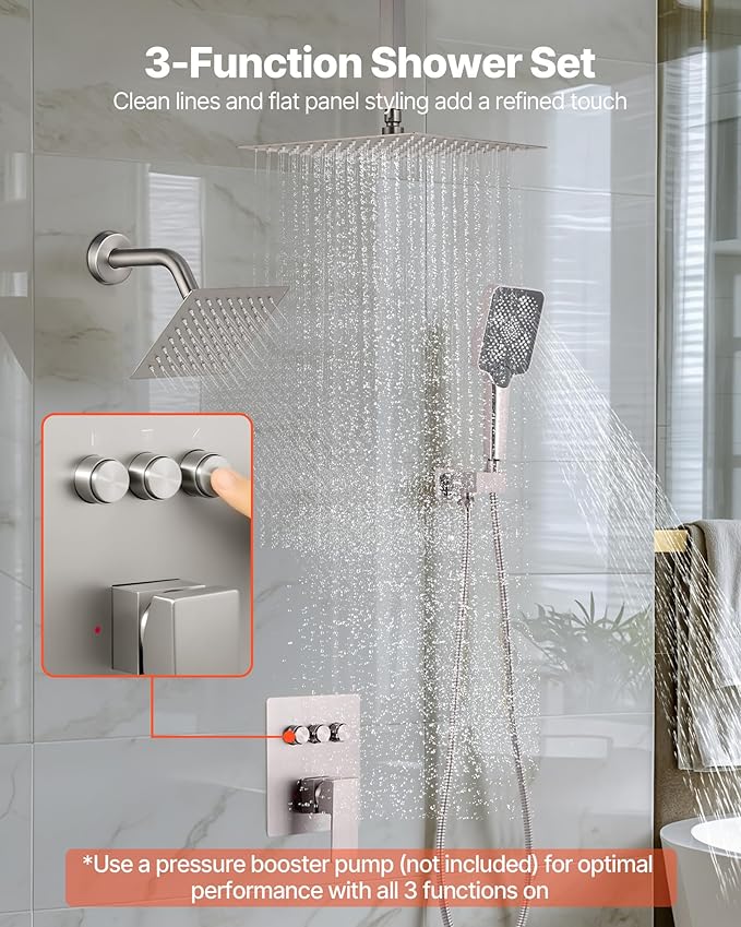 VEVOR Shower Faucet Set, 12 Inch Ceiling Mount Rainfall Shower System with 6 Inch Wall Mount Head and 4 in 1 Handheld Spray, Rotatable 3-Function Dual Rain Head Brass Valve & Trim Kit, Brushed Nickel