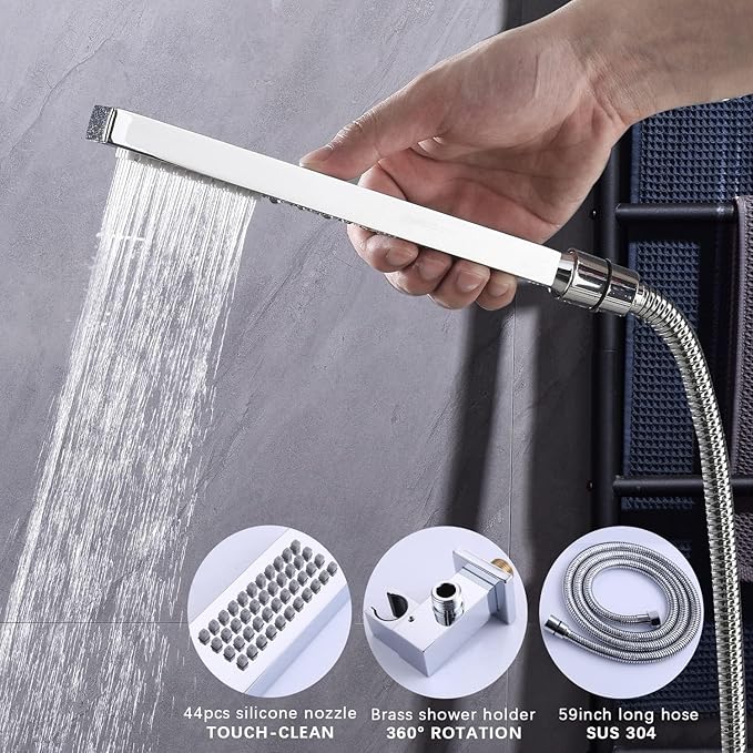 Thermostatic Shower System Chrome Shower Faucet Set 4 Way Bathtub Shower System with 12 inch LED Shower Head,6 PCS Body Jets,Tub Spout,Handheld Shower Head