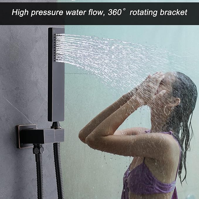 Oil Rubbed Bronze Thermostatic Shower System 4 Way Full Body Shower System with Tub Spout, Luxury 12 inch Ceiling Mounted LED Rain Shower Head, Handhled Spray and 6 PCS Body Jet