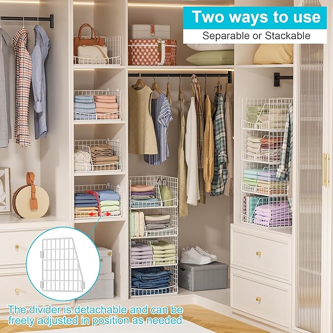 Divided 4-Tier Stackable Closet Organizers and Storage Basket, Foldable Closet Shelf Organizer Systems for Clothing Sweaters, Wardrobe Cupboard, White