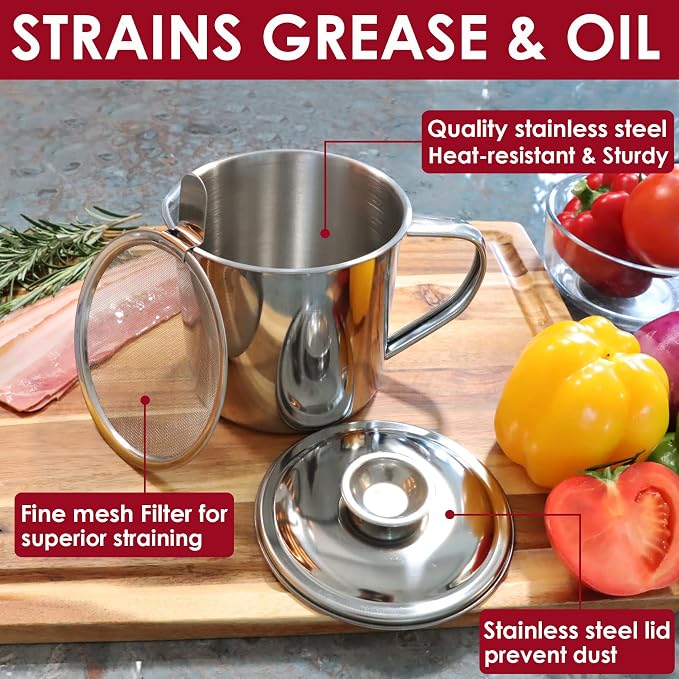 Bacon Grease Container with Strainer, Stainless Steel Oil Storage Can Container - Image 3
