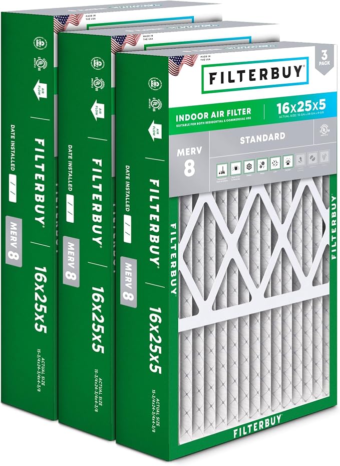 Filterbuy 16x25x5 Air Filter MERV 8 Essential Dust & Allergy Defense, Pleated by Filterbuy
