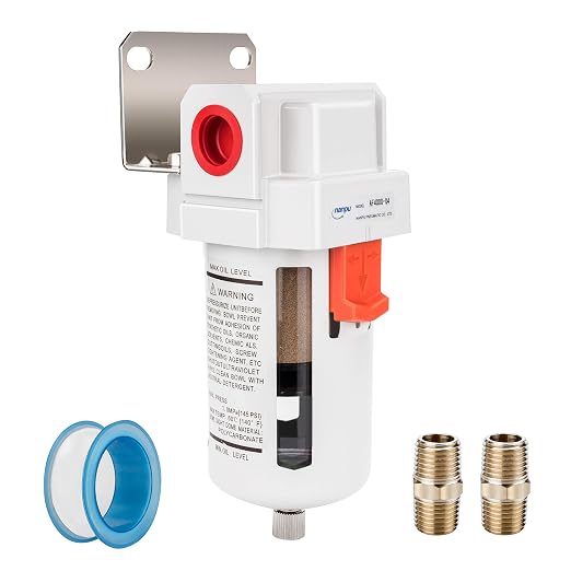 NANPU 1/2" NPT Compressed Air Line Filter, 5 Micron Brass Element, Poly Bowl by NANPU