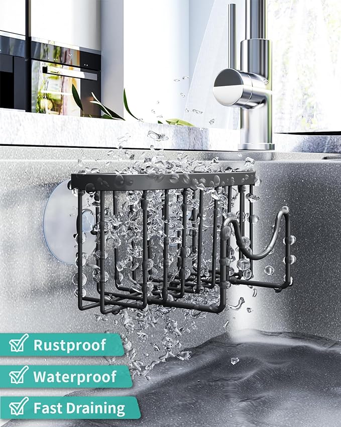 HapiRm Multifunctional Sponge Holder with Unique M-Shaped, Two Installation Methods Kitchen Sink Organizer, Rustproof Stainless Steel Sink Caddy -Black（2-Pack）