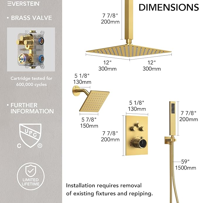 Ceiling Mount 12" High-Pressure Rainfall Shower Faucet, Dual Rainfall Shower Head System with Valve (Brushed Gold)