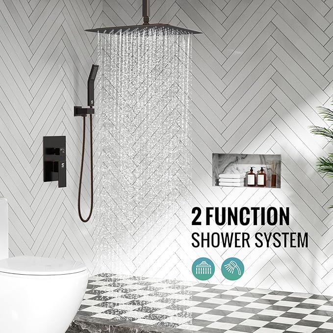 SR SUN RISE 16 Inches Oil Rubbed Bronze Shower Faucets Sets Complete Bathroom Rain Mixer Shower System Ceiling Mounted Rainfall Shower Head System (Contain Shower Faucet Rough-In Valve Body and Trim)