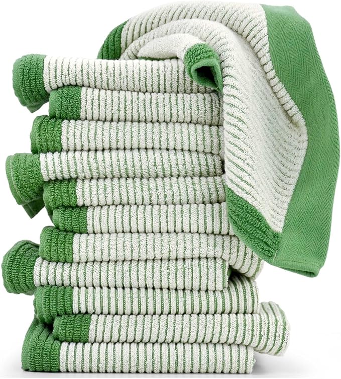 Cleanbear Wash Cloths for Showering, 12 Washcloths with Stylish Jacquard Weaved Design, Green Cotton Washcloth Set, 13 x 13 Inches