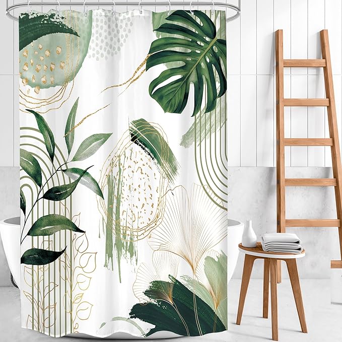 Sage Green Boho Shower Curtain 48Wx72H Small Stall Narrow Modern Abstract Mid Century Bohemian Tropical Palm Leaves Geometric Bathroom Decor Botanical Bath Curtain Fabric Polyester 8 Pack Hooks