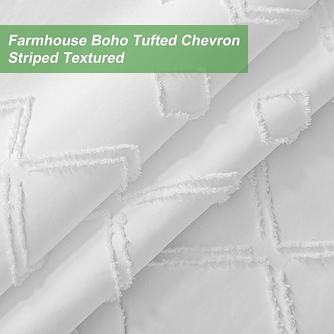 Long No Hook Tufted Chevron Striped Shower Curtain with Snap-in PEVA Liner Set - 72" x 86", Hotel Style with See Through Top Window, Water Repellent Fabric Shower Curtain White
