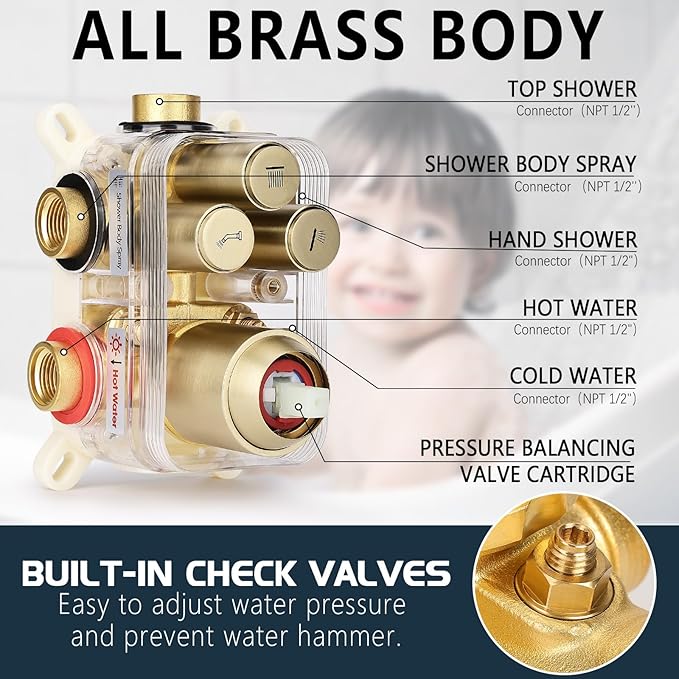 Shower Faucet Set Rainfall Shower System Push Button Diverter Shower Faucet with 4 in 1 Handheld, Ceiling Mount 12 Inch Shower Head and 6 Inch Wall Mount Shower Head