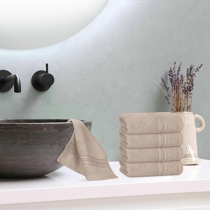 BOUTIQUO Ultra Soft Cotton Washcloths, Contains 12 Piece Face Cloths 12x12 inch, Ideal for Everyday use Face Towels, Compact & Lightweight Multi Purpose Washcloths - Tan