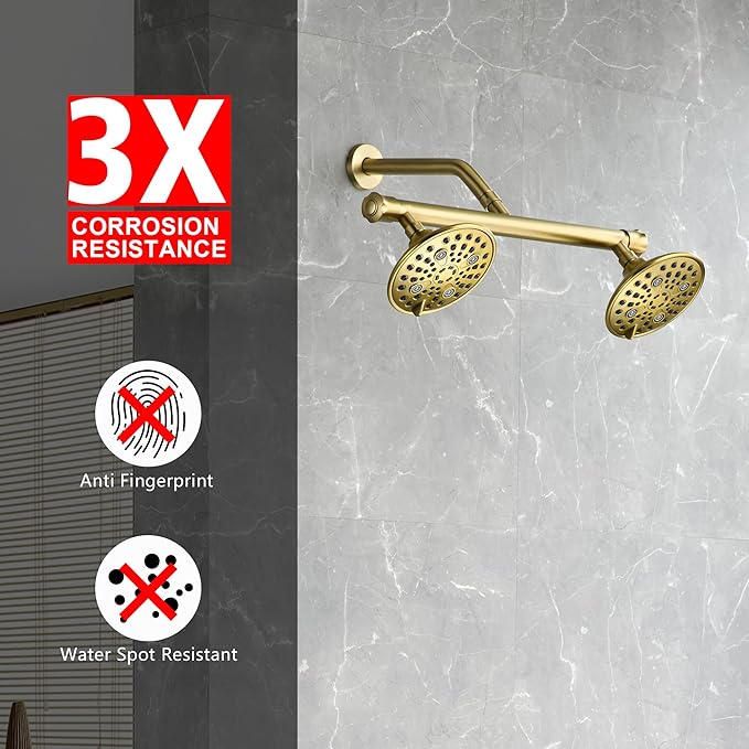 sumerain 2-in-1 Dual Shower Heads with Shut-off Valve for Two People,High Pressure 6 Function Sprayer and 20" Long Shower Arm,Brushed Gold