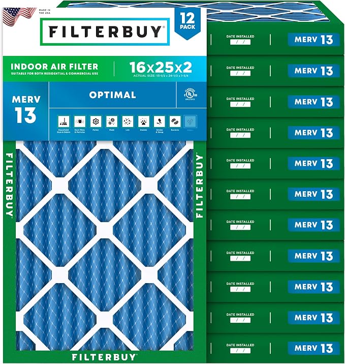 Filterbuy 16x25x2 Air Filter MERV 13 Optimal Smoke & Allergy Defense, by Filterbuy