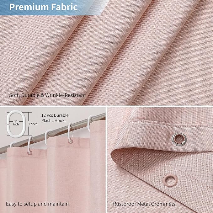2-in-1 Waterproof Extra Long Fabric Shower Curtain or Liner,Linen Textured,84 Inch Breathable TPU & Washable Bathroom Shower Curtain Set with 12 Plastic Hooks,Modern,72"x84" Blush