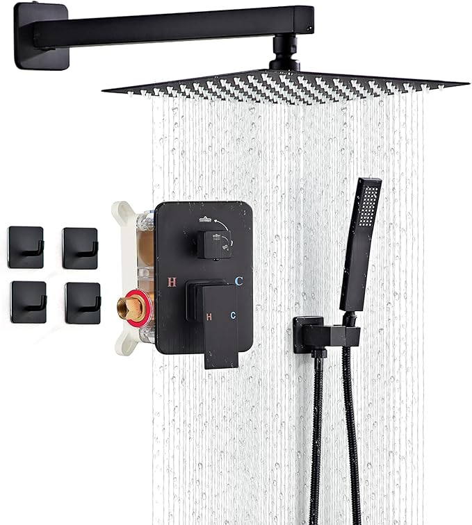 Shower Faucet Set, Matte Black Rainfall Shower System Complete Wall Mounted for Bathroom with 12 Inch Square Shower Head and Handheld Shower Head Rain Mixer Combo Set