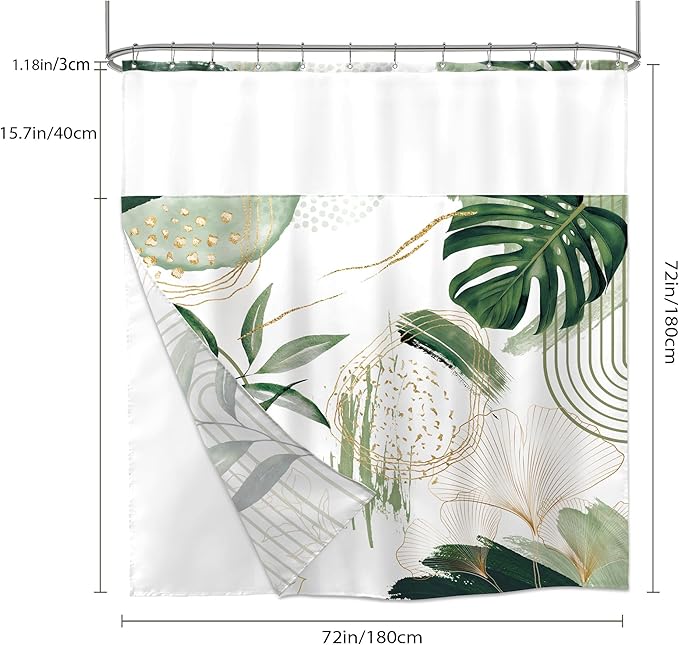 Sage Green Boho Shower Curtain 72Wx72H with Snap in Liner Mid Century Modern Abstract Gold Olive Tropical Palm Leaf Bathroom Decor Simple Geometric Bath Curtain Fabric Polyester 12 Pack Hooks