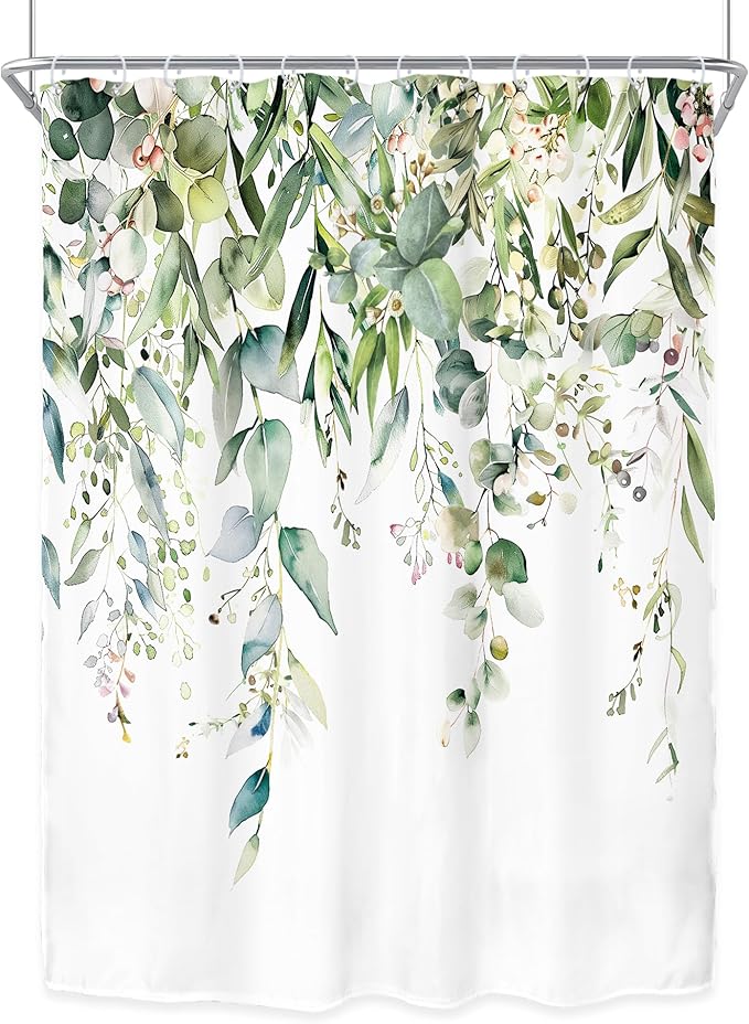Riyidecor Small Green Eucalyptus Leaves Shower Curtain for Bathroom Decor 54Wx78H Single Standing Plants Watercolor Floral Rustic Botanical Art Printed Fabric Polyester Waterproof 12 Pack Plastic