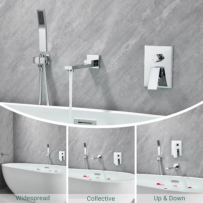 DASAN Swiveling Wall Mount Tub Filler Faucet Set with Hand Held Shower, Chrome Modern Creative Bathtub Faucet Wall Mounted Bath Tub Faucet with High Flow Rough in Valve, SA-TF05WH-PC