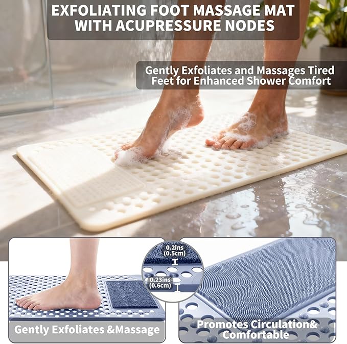 Bath Tub Shower Mat with Soft Shower Foot Scrubber Mat for Massage,Non Slip Bathtub Mat with Strong Suction Cups, Silicone Shower Foot Scrubber Mat (White, 27.5" X 15.7"(Rectangular))