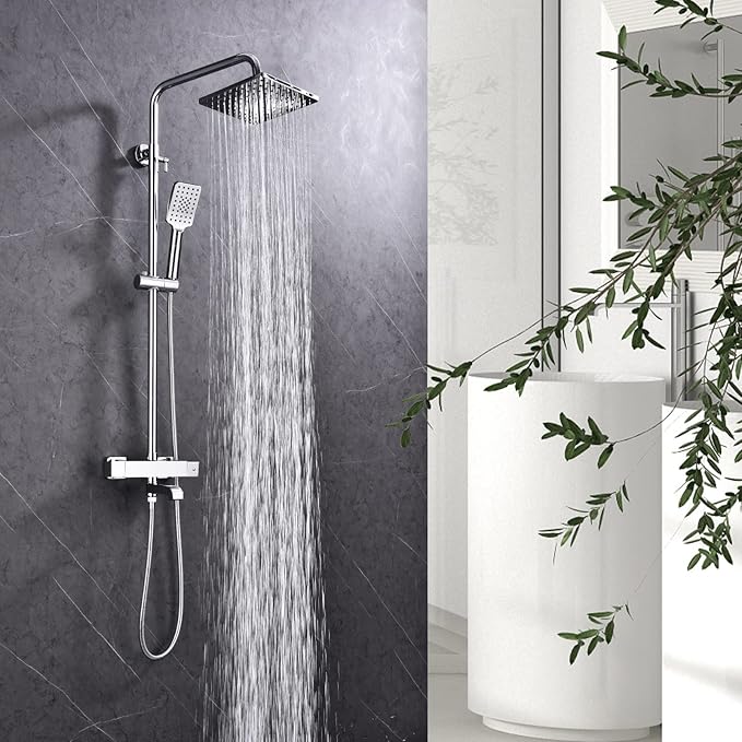 Shower Faucet Set 8" Square Shower Head 3 Function Thermostatic Rainfall Shower Faucet Set Handheld Sprayer Tub Spout Polished Chrome with Height Adjustable Slide Bar