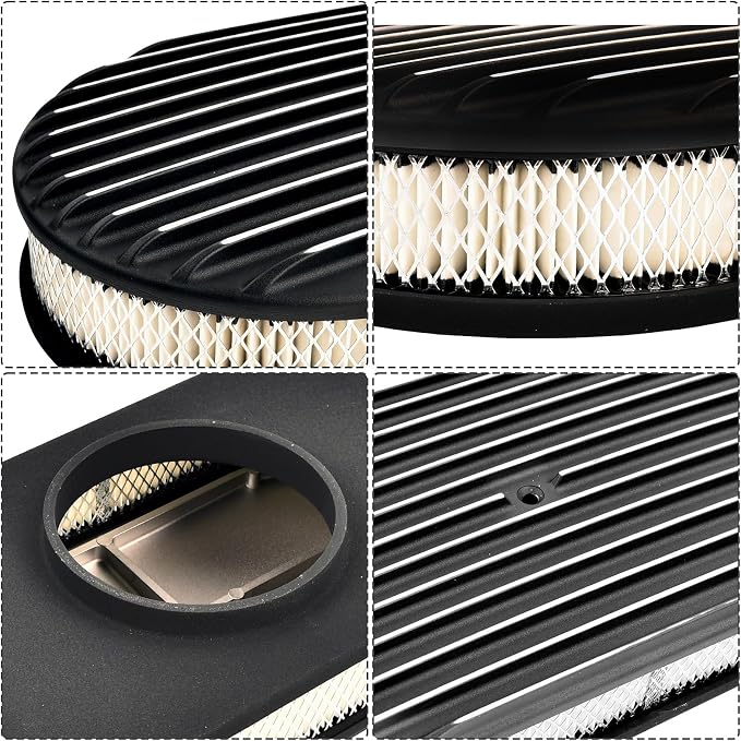15" Black Aluminum Valve Covers Air Cleaner Kit Oval Full Polished Finned - Image 3