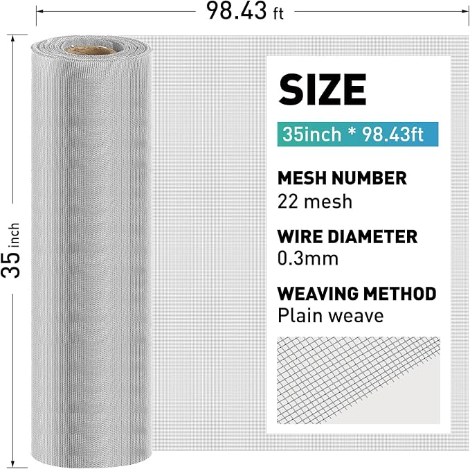 304 Stainless Steel Mesh Window Screen Roll, 35IN x 98.43FT Silver Metal Window - Image 3