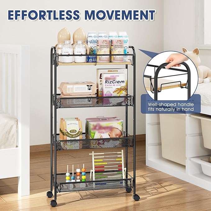 TOOLF 4-Tier Slim Rolling Cart, Metal Utility Cart, Slide Out Storage Cart with Wooden Tabletop and Mesh Baskets for Narrow Space on Kitchen Bathroom Laundry Room Bedroom Apartments Dormitory