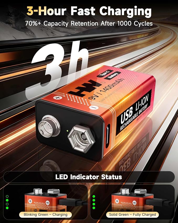 HW 9V Rechargeable Lithium Battery 8 Pack, 1400mAh 9 Volt Batteries - Image 2