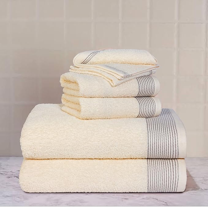 Belizzi Home 100% Cotton Ultra Soft 6 Pack Towel Set, Contains 2 Bath Towels 28x55 inchs, 2 Hand Towels 16x24 inchs & 2 Washcloths 12x12 inchs, Compact Lightweight & Highly Absorbant - Ivory
