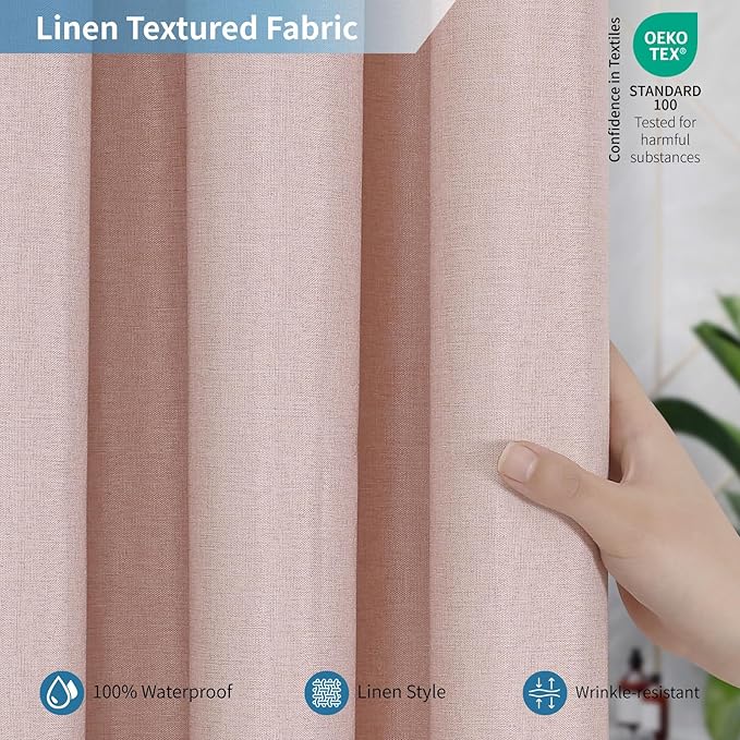 2-in-1 Waterproof Extra Long Fabric Shower Curtain or Liner,Linen Textured,84 Inch Breathable TPU & Washable Bathroom Shower Curtain Set with 12 Plastic Hooks,Modern,72"x84" Blush
