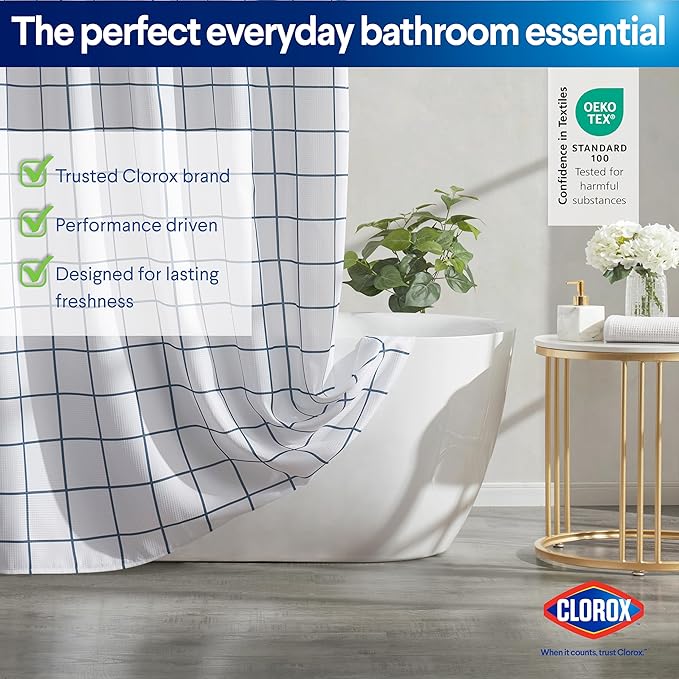 CLOROX Bathroom Waffle Windowpane Pattern Shower Curtain with Waterproof Lightweight PEVA Liner Set, Standard Size, Metal Grommets, No Hooks 72" x 72" - 2 Pc Set - Navy Blue w Frosty PEVA