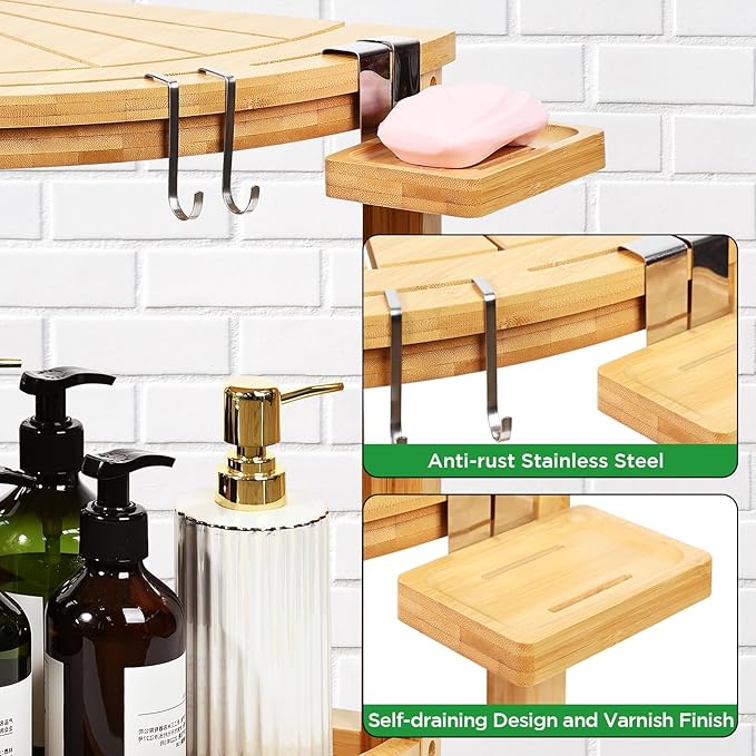 Ollieroo 2-Tier Bamboo Corner Shower Stool for Shaving Legs, Waterproof Bench with Storage Shelf and Soap Dish, Non-Slip Foot Rest (Natural)