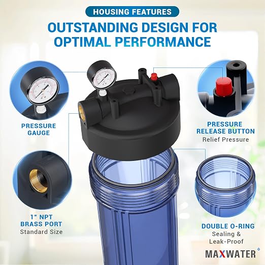 Max Water Whole House 20" x4.5" Purple Clear WH Water Filter Housing 1 inch - Image 3