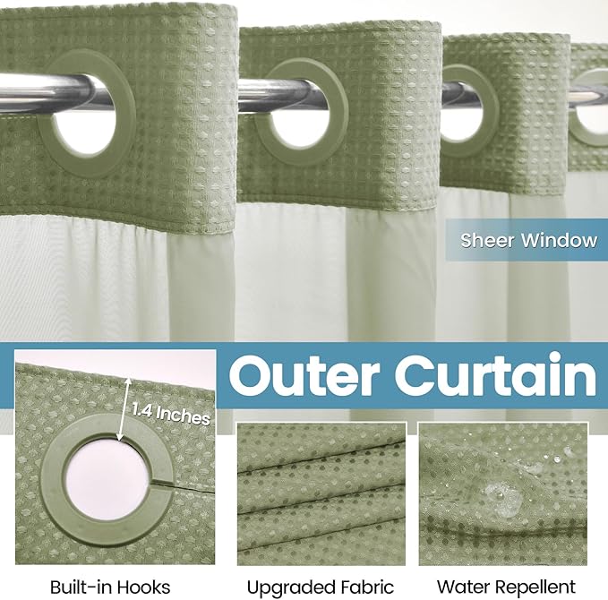Sage Green Long Hotel Shower Curtain - 230GSM Waffle Textured Heavy Duty Thick Fabric Shower Curtains for Bathroom,71W x 86H