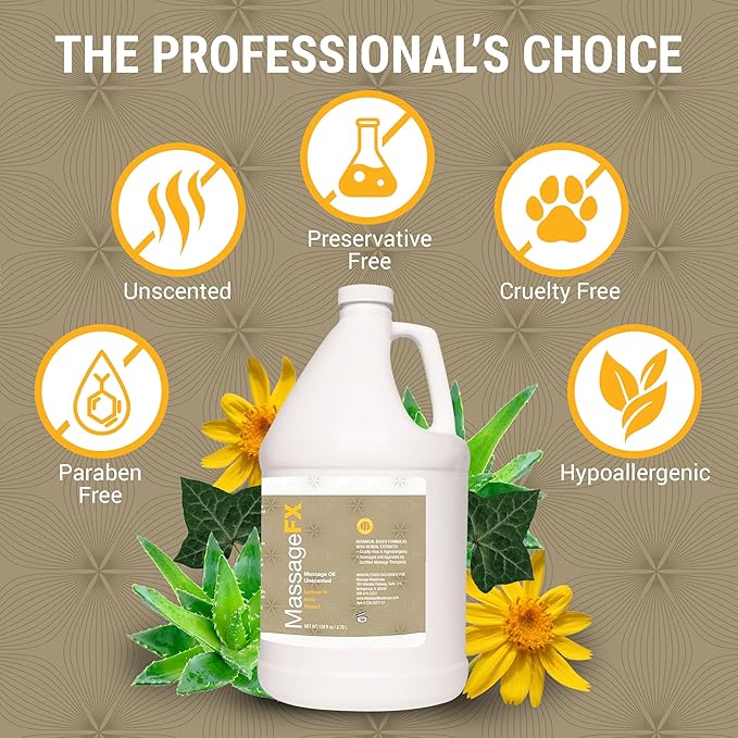 Massage Oil by Massage FX - 100% Pure Sweet Almond & Sunflower Seed Oil - Vitamin E - Ivy, Arnica & Aloe - Unscented - Perfect for a Full Body Massage, Maximum Friction - Paraben Free - 1 Gallon