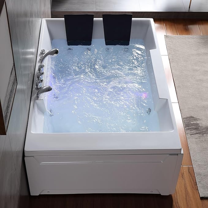 Empava 72" x 48" Whirlpool Tub, 2 Person Jetted Bathtub, Hydro Massage & Chromatherapy [ETL Certified], 3 Sided Apron, Acrylic , 1125 Watt, 110 Gallons, Left Drain