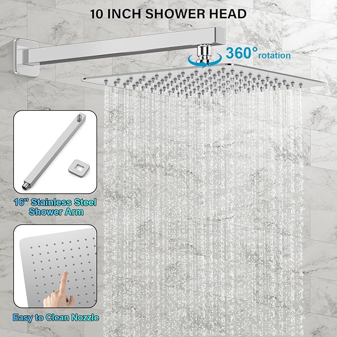 Shower Faucet Set Bathroom Square Rain Shower Head and Handle Set, Wall Mounted Shower Fixtures, Full Metal Trim Repair Kit 10 inch Polished Chrome (With Shower Valve)