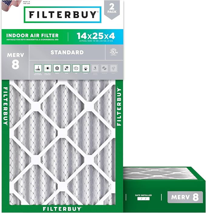 Filterbuy 14x25x4 Air Filter MERV 8 Essential Dust & Allergy Defense, by Filterbuy