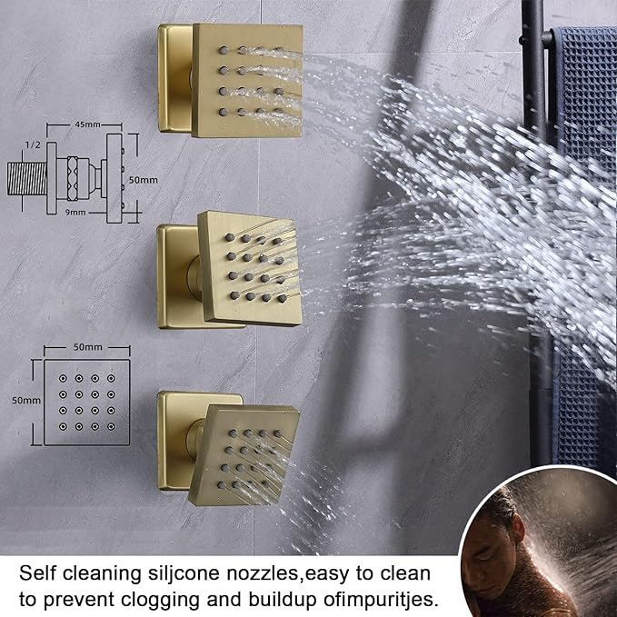 Shower System Brushed Gold Shower Faucet Set with 14X20 inch Ceiling Mount Shower Head, 6 PCS Body Jet and Handheld Spray, 3 Way Digital Temperature Display Shower