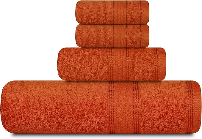 Casa Lino 4 Piece Bath Towel Set | 1 Bath Towel, 2 Wash Cloth, 1 Hand Towels | Bathroom Essentials for New Home, 100% Cotton Luxury Towels, Highly Absorbent Bathroom Set, Coral Orange.
