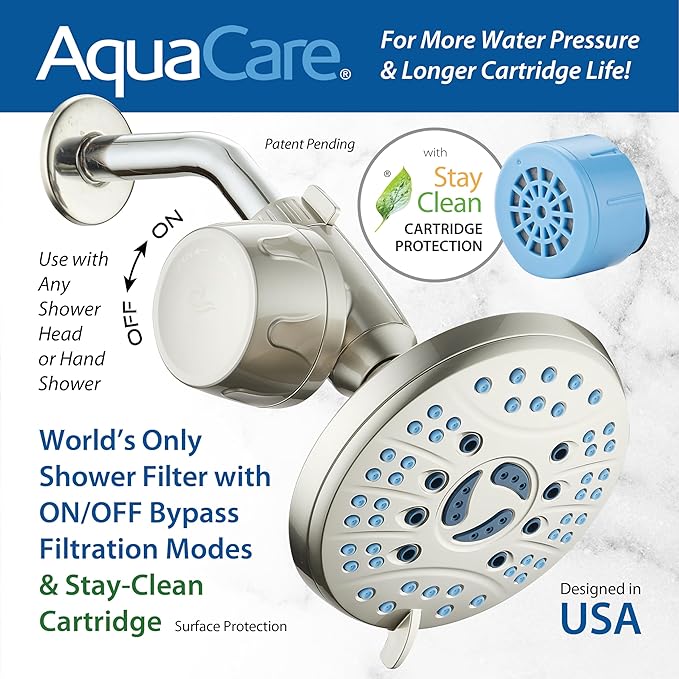AquaCare Skin & Hair - World's Only Universal Shower Water Filter for All Shower Head Types with ON/OFF Filtration Modes, Instant Cartridge Reload & Stay-Clean American KDF Cartridge, Satin Nickel