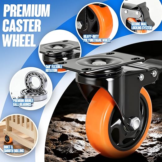 Caster Wheels, 4 Inch Caster Set of 4, Dual Locking PU Casters 2400LB, Swivel - Image 6