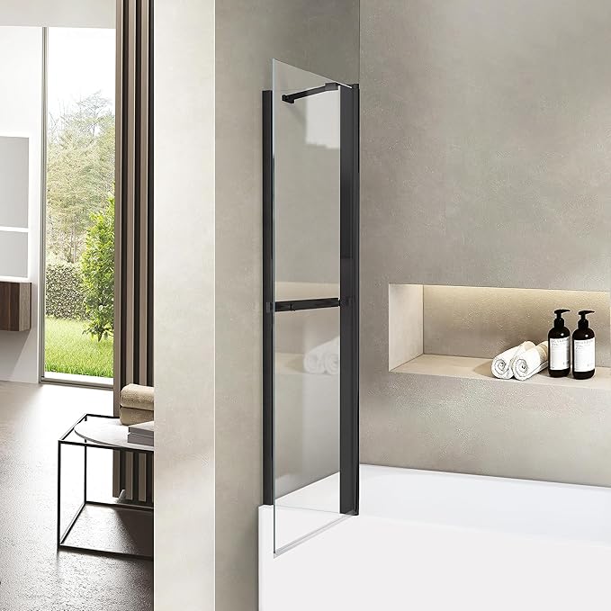 Bathroom Pivot Tub Glass Door 36" W*55" H, Folding Bathtub Shower Door Screen with Tempered Glass, Frameless Glass Shower Door with Handle and Support Rod in Matte Black