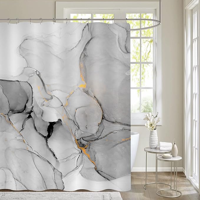 Gibelle Long Fabric Shower Curtain 72 x 78, Tall Abstract Grey Marble Shower Curtain, Modern Ink Art Waterproof Fabric Shower Curtain Set with Hooks