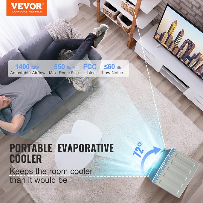 VEVOR Evaporative Air Cooler, 1400 CFM 11X31 inch Air Cooler, 3 Speeds Cooler - Image 2