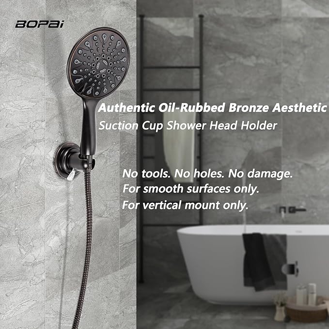 BOPai Suction Cup Shower Head Holder for Handheld Shower – No Drill, for Smooth Surfaces Only, Vertical Mount Only, Oil Rubbed Bronze