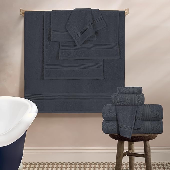 Belizzi Home 100% Cotton Towel Set, Contains 6 Soft Bath Towel, 6 Hand Towel, 12 Wash Cloth - Compact Absorbent Lightweight & Quickdry Towels for Bathroom - 24 Piece Bathroom Towel Set - Charcoal Grey