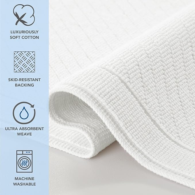 Arkwright 100% Cotton Bathroom Rug - High Absorbent Stylish Textured Woven Design Bath Mat, Slip Resistant Backing for Shower and Bathtub Floor, 24x36 in - White