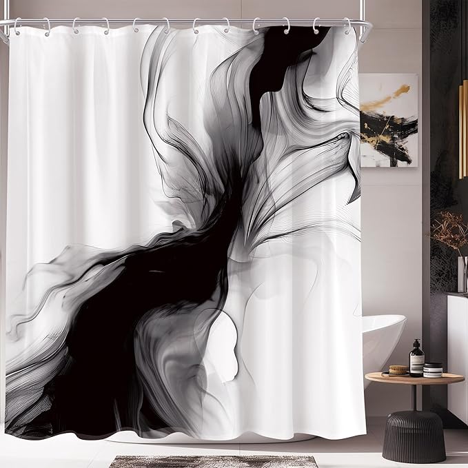 Cinbloo Black and White Marble Shower Curtain 72Wx72H Abstract Modern Neutral Ombre Grey Minimalist Bathroom Decor Elegant Ink Texture Cloth Fabric Bathroom Decor with 12 Hooks